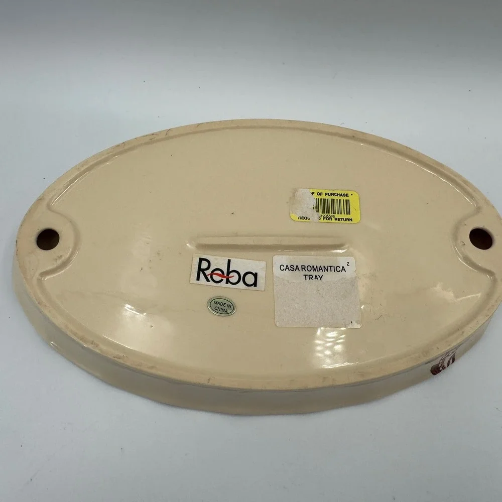 Reba Cream Ceramic Oval Serving Platter Burgundy Floral Scalloped Ribbed Serving